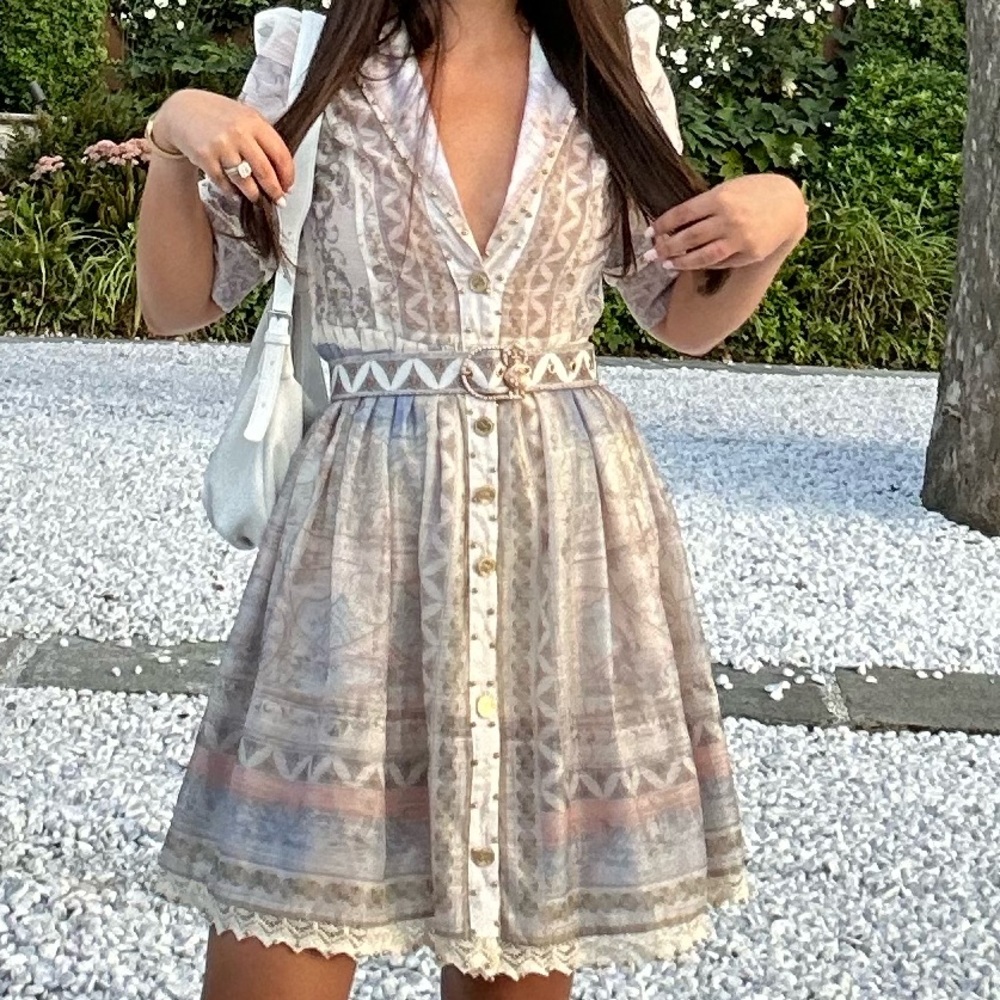 Gabriela Rich printed studded/Pearl dress with belt size small